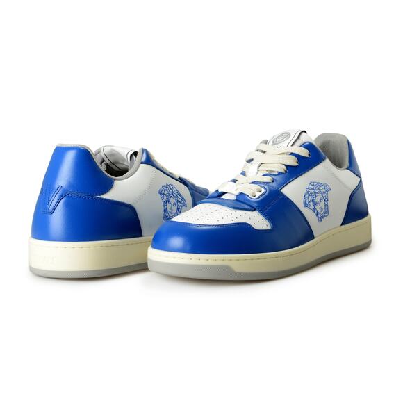 NIB Versace Men EU 43.5 US 10.5 White Blue Leather Medusa Logo Sneakers Shoes